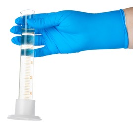 Photo of Scientist holding measuring cylinder with dirty water on white background, closeup
