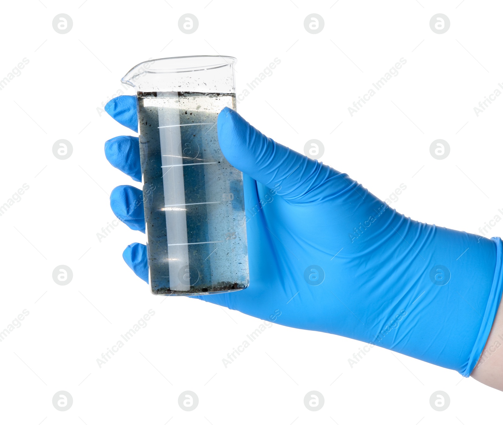 Scientist holding beaker with dirty water on white background, closeup Photo of Scientist holding beaker with dirty water on white background, closeup