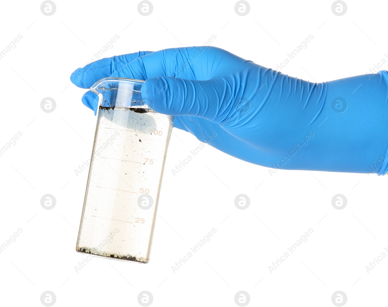 Photo of Scientist holding beaker with dirty water on white background, closeup
