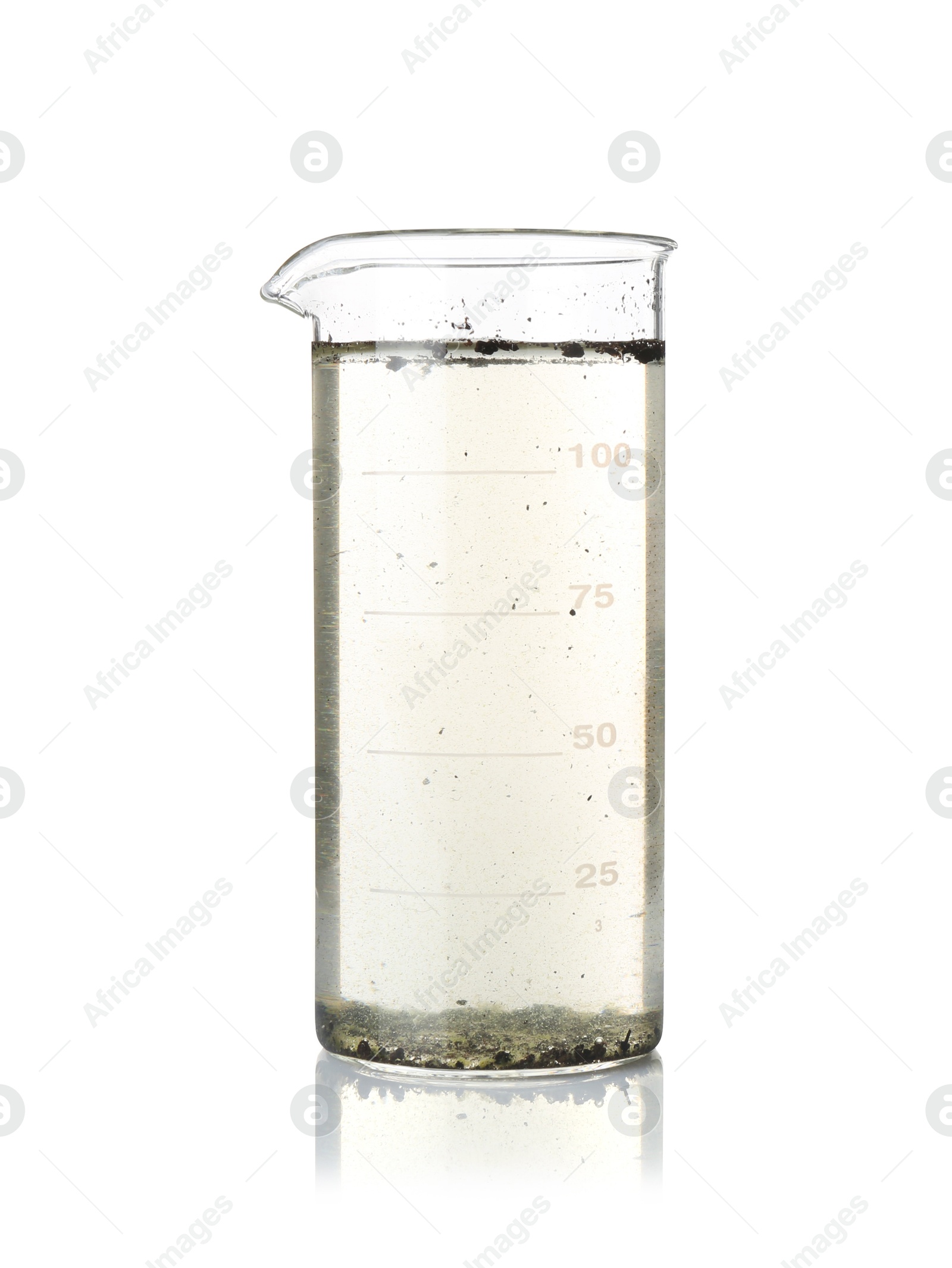 Glass beaker with dirty water isolated on white Photo of Glass beaker with dirty water isolated on white
