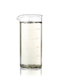 Photo of Glass beaker with dirty water isolated on white