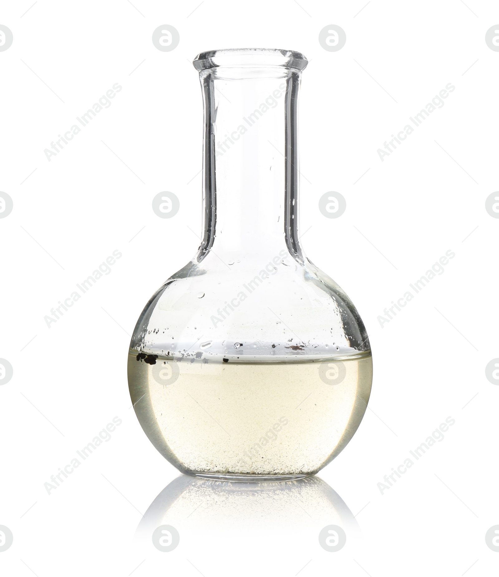 Photo of Glass flask with dirty water isolated on white