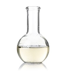 Photo of Glass flask with dirty water isolated on white