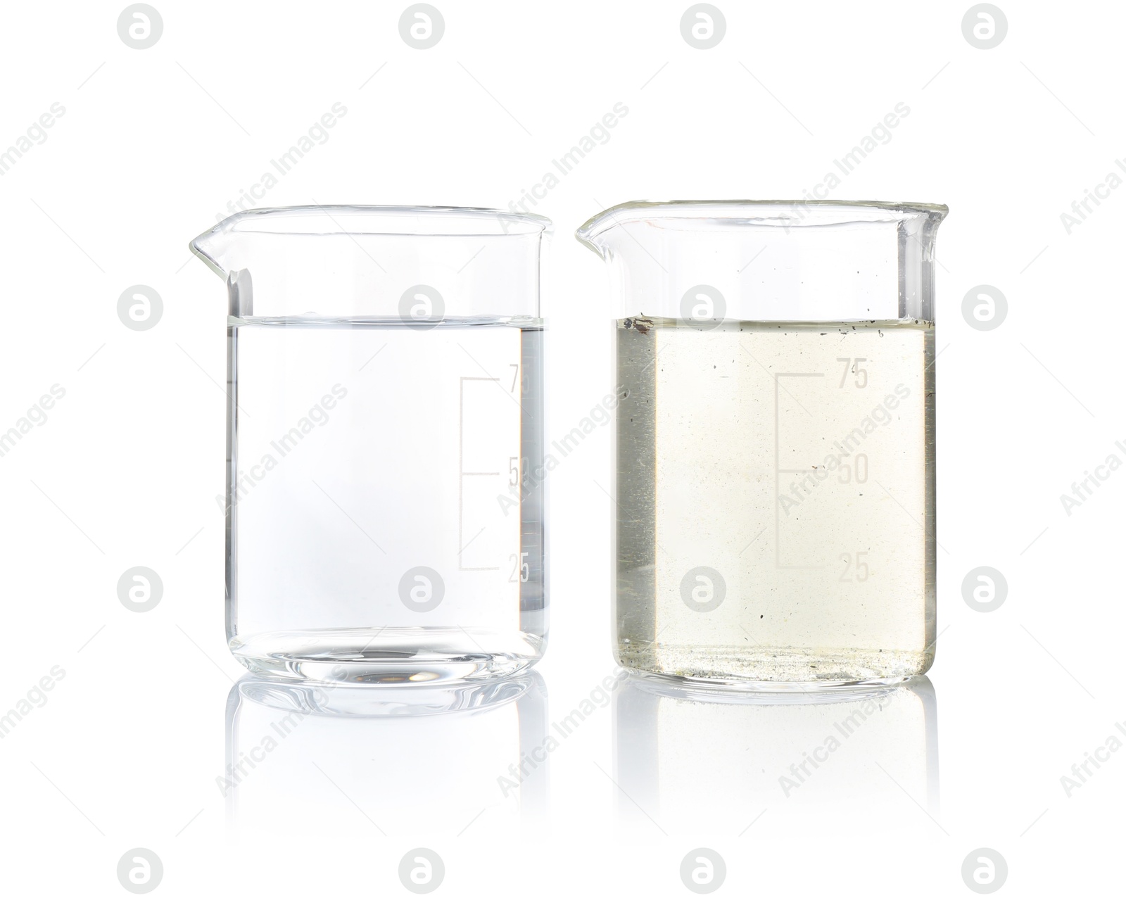 Photo of Glass beakers with clean and dirty water isolated on white
