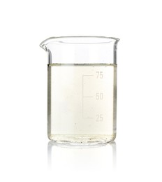 Photo of Glass beaker with dirty water isolated on white