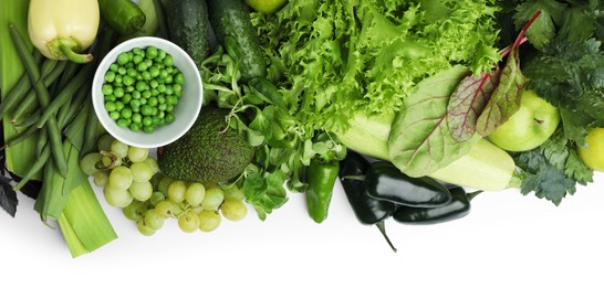 Photo of Superfood. Healthy food products isolated on white, top view
