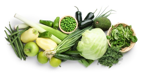 Photo of Superfood. Healthy food products isolated on white, top view