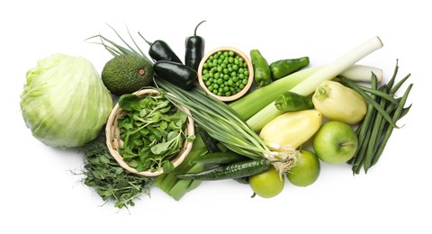 Photo of Superfood. Healthy food products isolated on white, top view