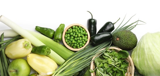 Photo of Superfood. Healthy food products isolated on white, top view