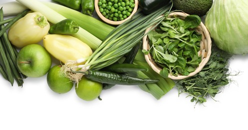 Photo of Superfood. Healthy food products isolated on white, top view