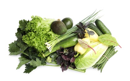 Photo of Superfood. Healthy food products isolated on white, top view