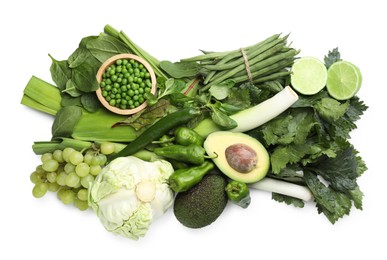 Photo of Superfood. Healthy food products isolated on white, top view
