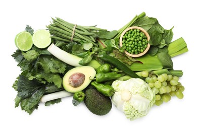 Photo of Superfood. Healthy food products isolated on white, top view