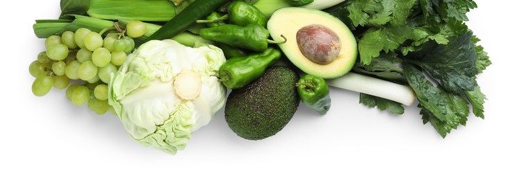 Photo of Superfood. Healthy food products isolated on white, top view