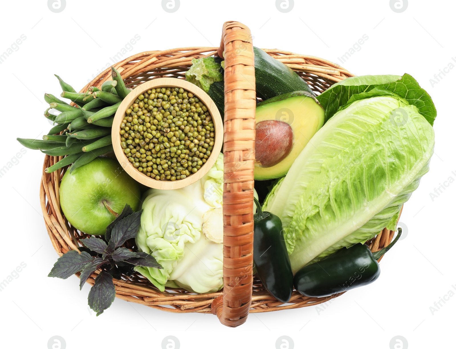Superfood. Healthy food products in wicker basket isolated on white, top view Photo of Superfood. Healthy food products in wicker basket isolated on white, top view