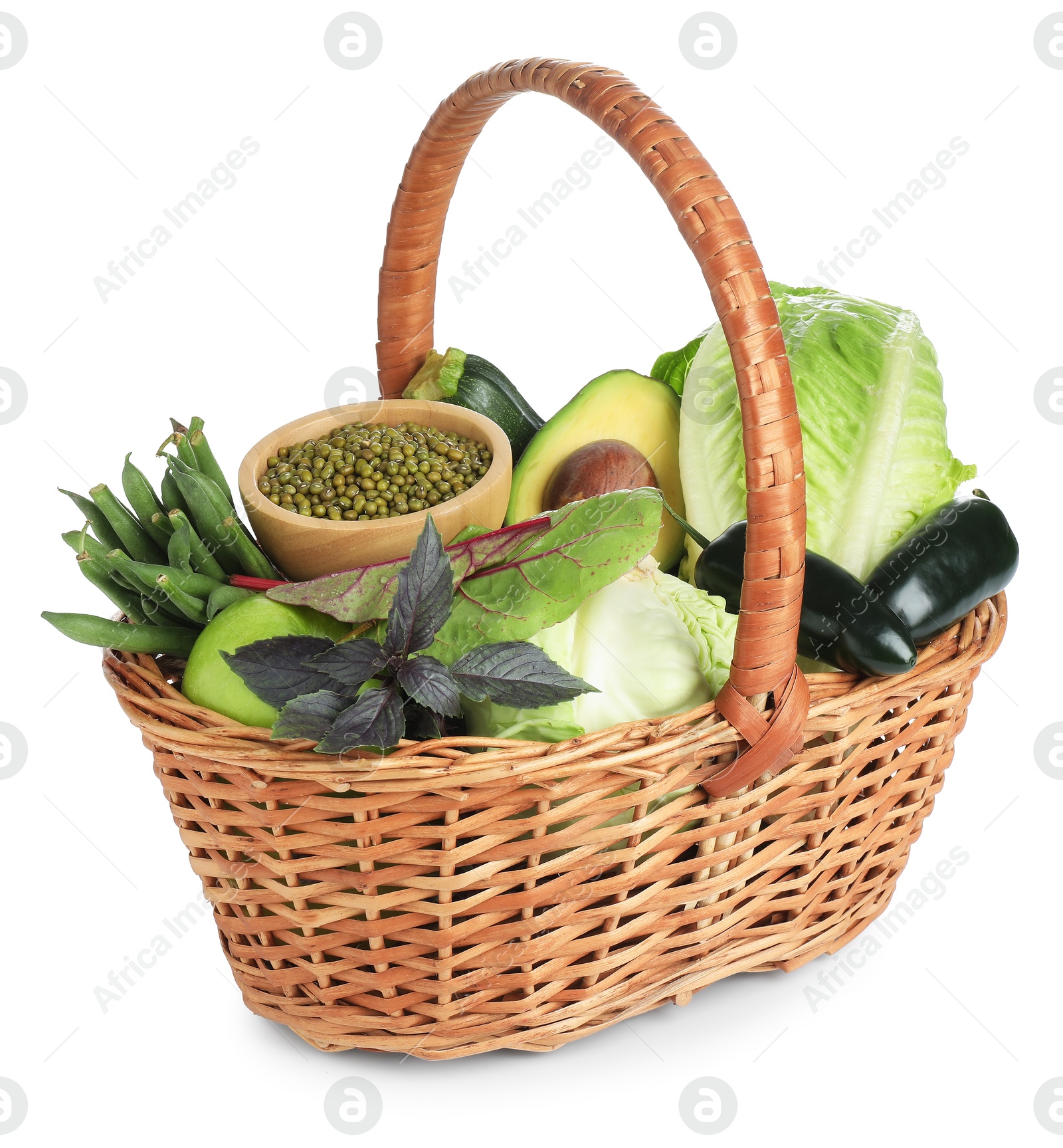 Superfood. Healthy food products in wicker basket isolated on white Photo of Superfood. Healthy food products in wicker basket isolated on white