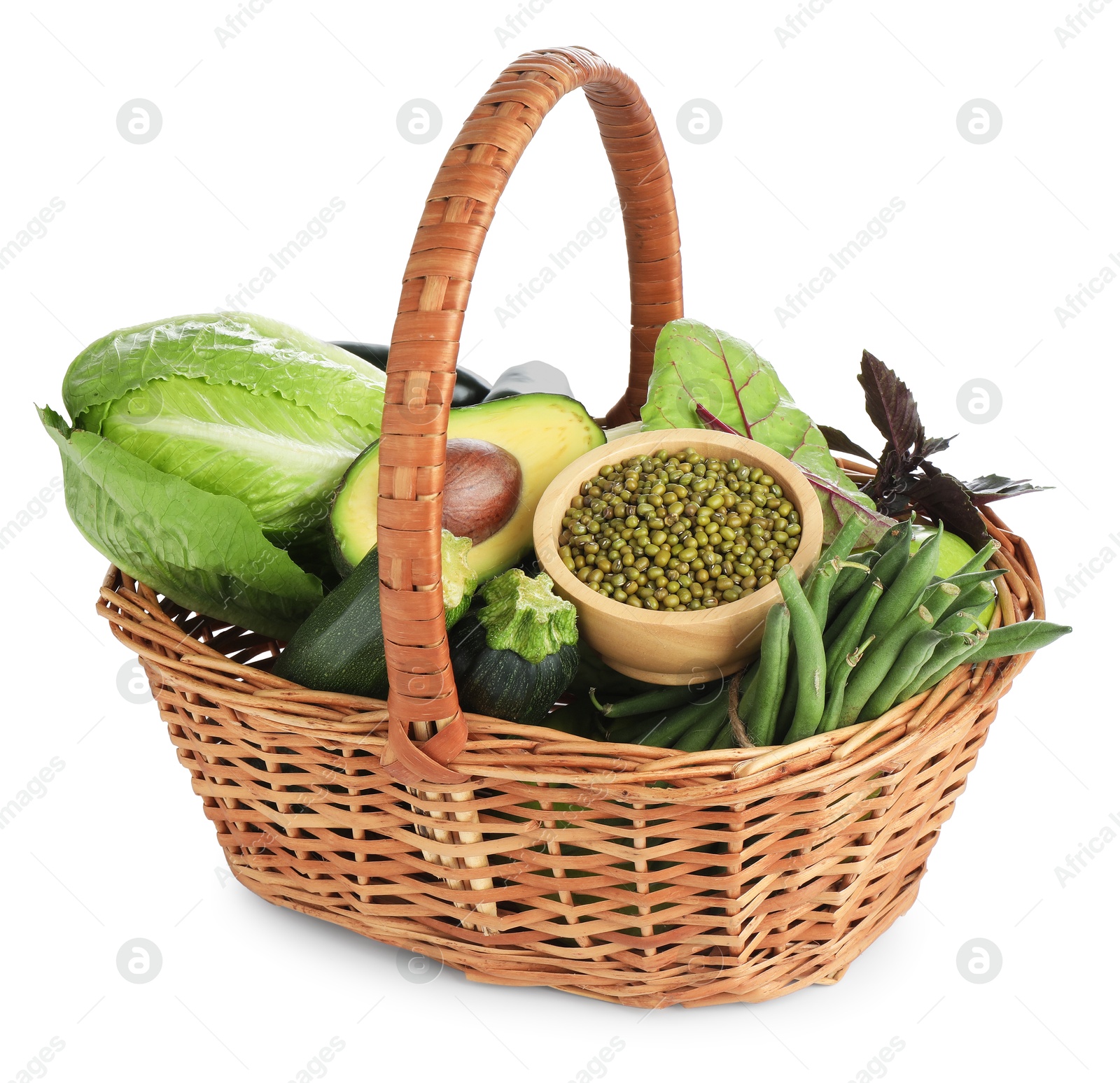 Superfood. Healthy food products in wicker basket isolated on white Photo of Superfood. Healthy food products in wicker basket isolated on white