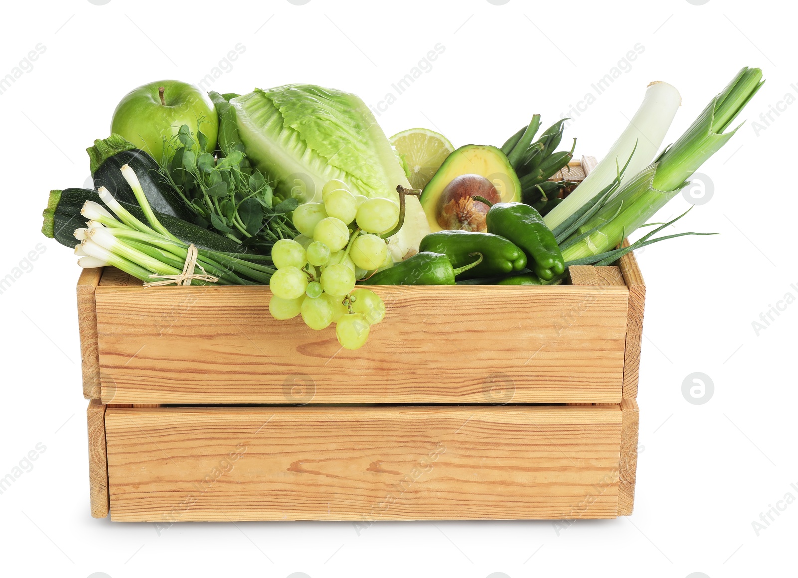 Superfood. Healthy food products in wooden crate isolated on white Photo of Superfood. Healthy food products in wooden crate isolated on white