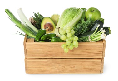 Photo of Superfood. Healthy food products in wooden crate isolated on white