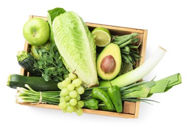 Photo of Superfood. Healthy food products in wooden crate isolated on white, top view