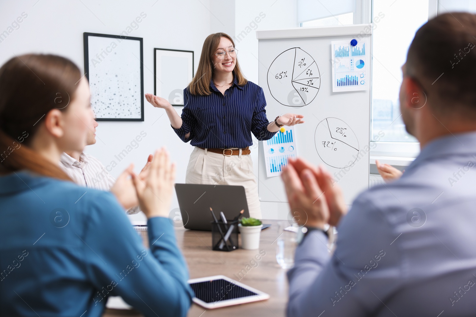 Business coach giving presentation to group of people in office Photo of Business coach giving presentation to group of people in office
