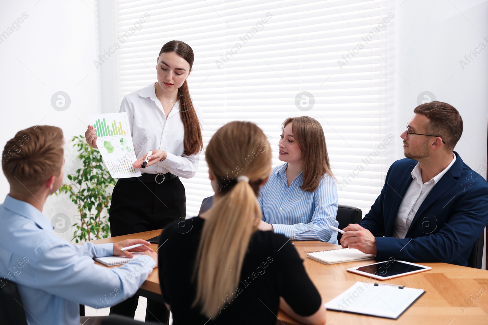 Business coach giving presentation to group of people in office Photo of Business coach giving presentation to group of people in office