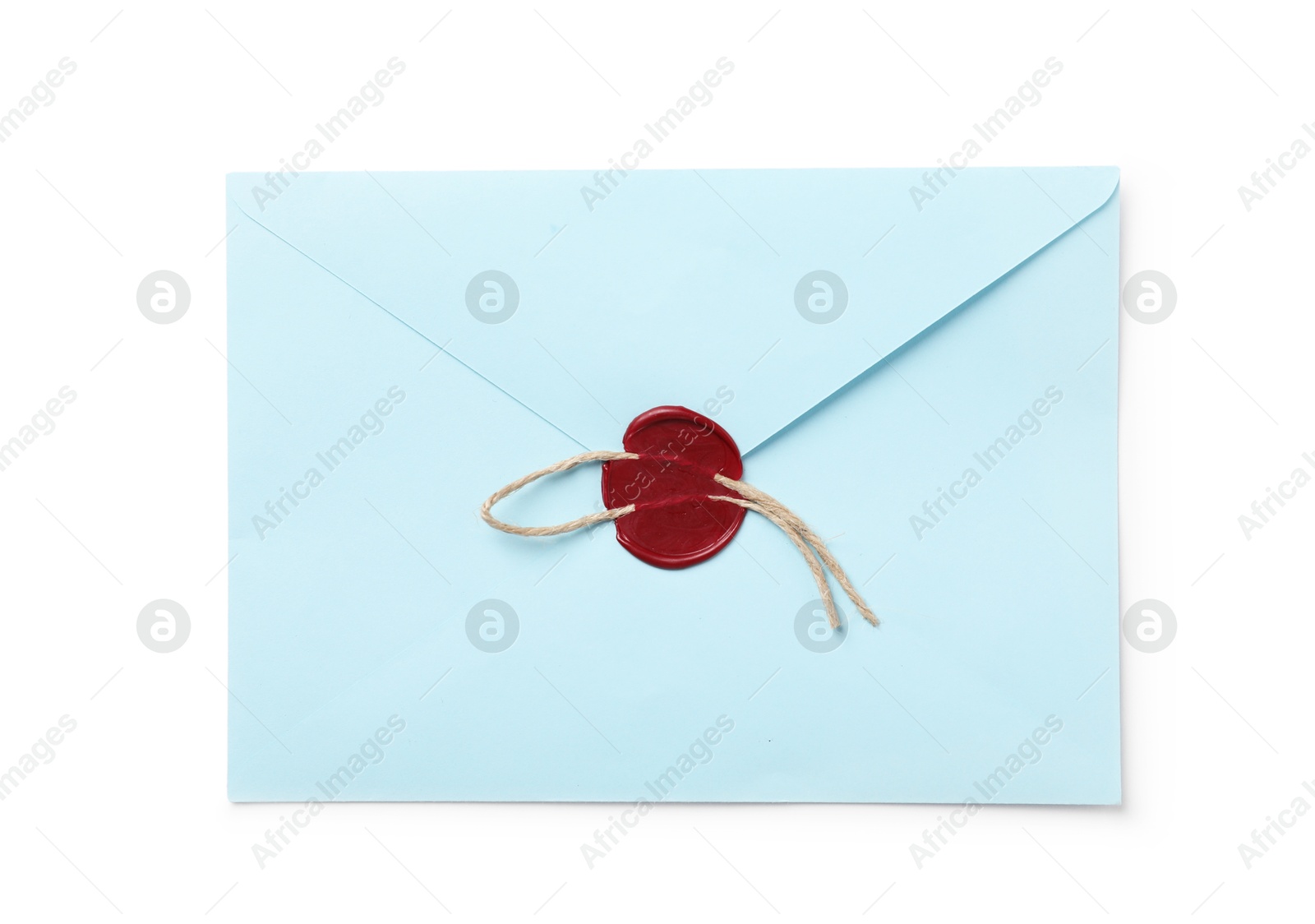 Envelope with wax seal and twine isolated on white, top view Photo of Envelope with wax seal and twine isolated on white, top view