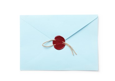Photo of Envelope with wax seal and twine isolated on white, top view