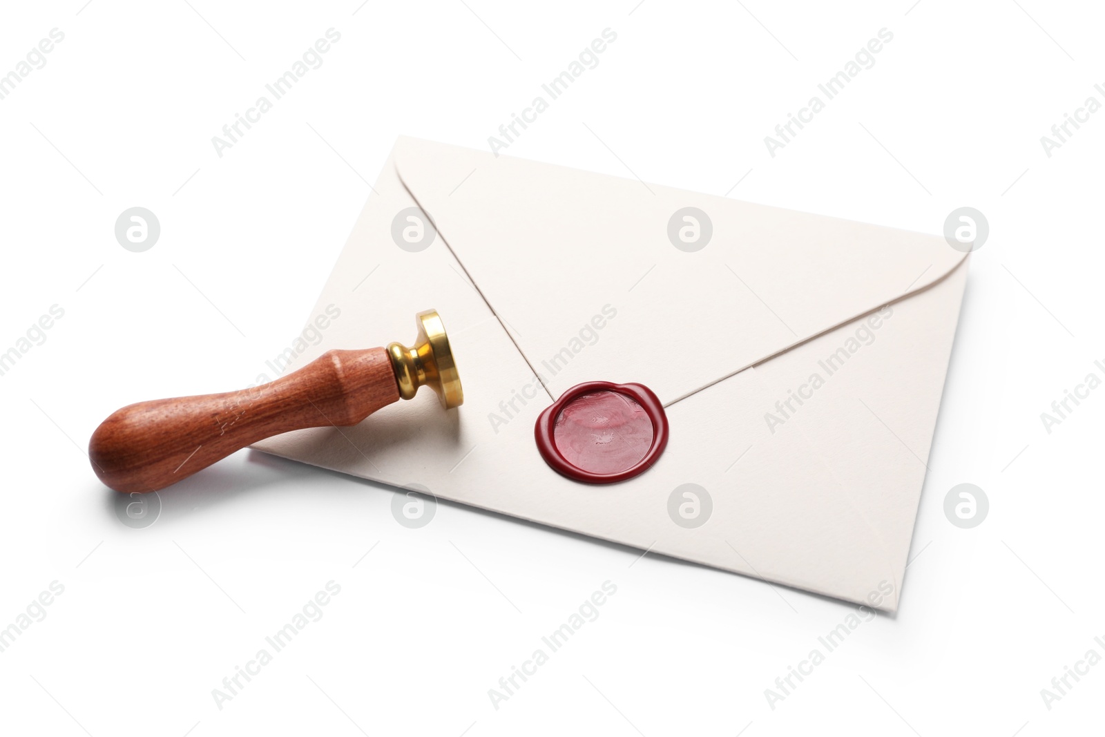 Envelope with wax seal and stamp isolated on white Photo of Envelope with wax seal and stamp isolated on white