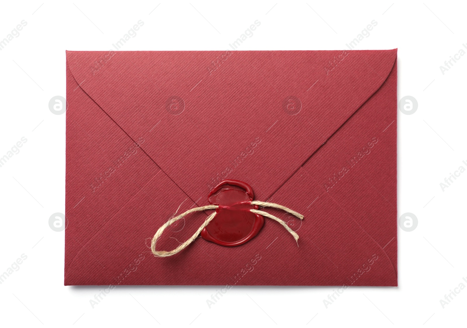 Envelope with wax seal and twine isolated on white, top view Photo of Envelope with wax seal and twine isolated on white, top view