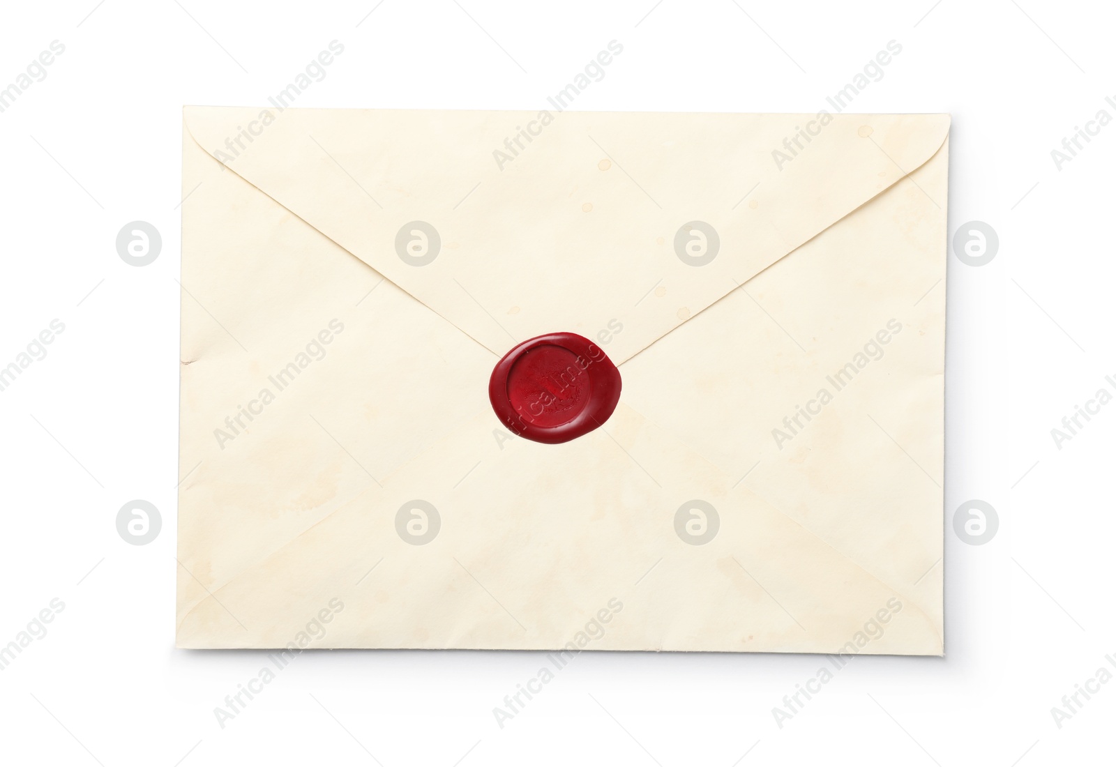 Envelope with wax seal isolated on white, top view Photo of Envelope with wax seal isolated on white, top view
