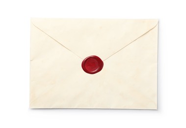 Photo of Envelope with wax seal isolated on white, top view