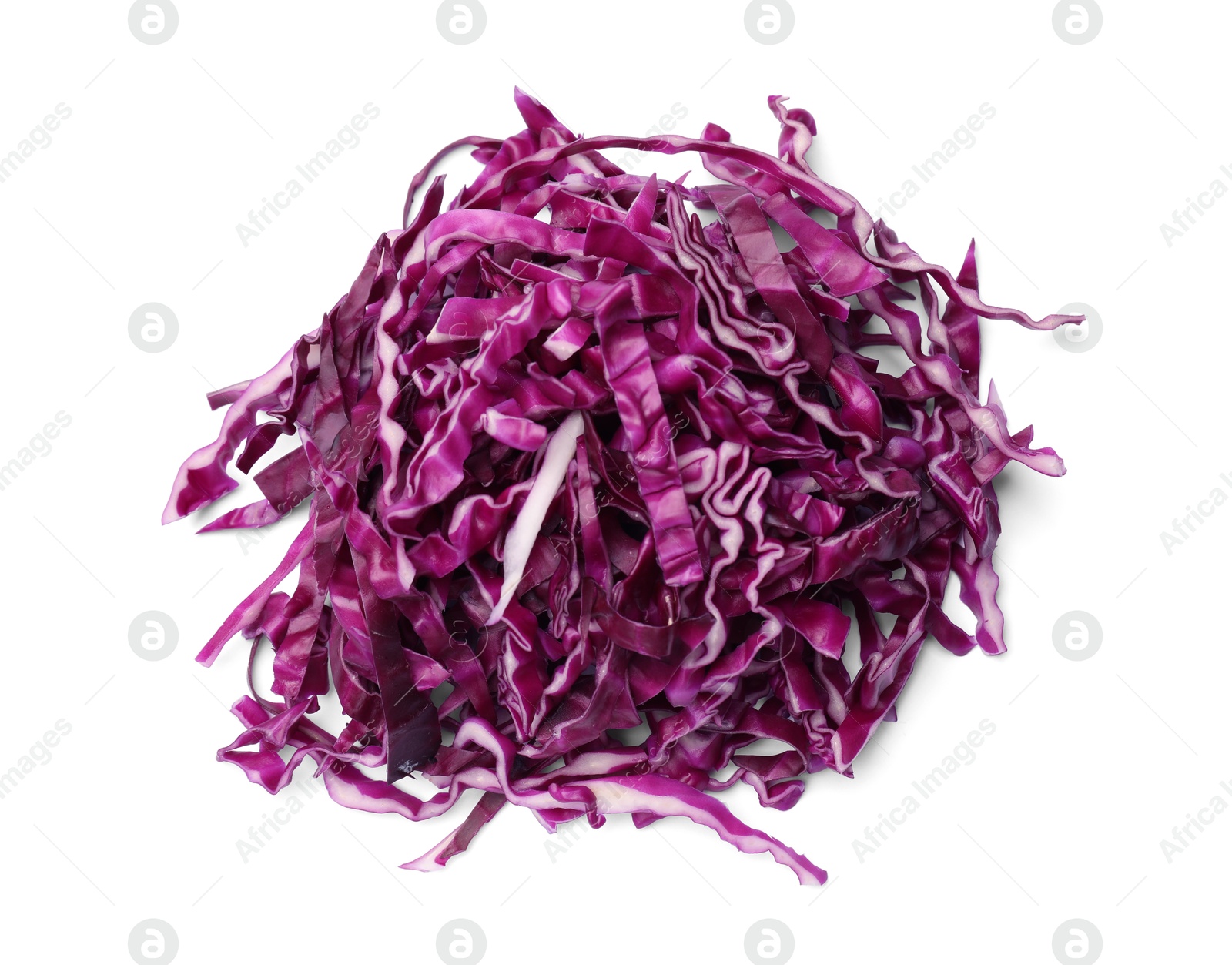 Pile of shredded red cabbage isolated on white, top view Photo of Pile of shredded red cabbage isolated on white, top view
