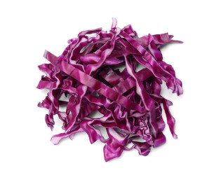 Photo of Pile of shredded red cabbage isolated on white, top view