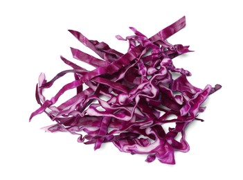 Photo of Pile of shredded red cabbage isolated on white, top view