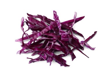 Photo of Pile of shredded red cabbage isolated on white, top view