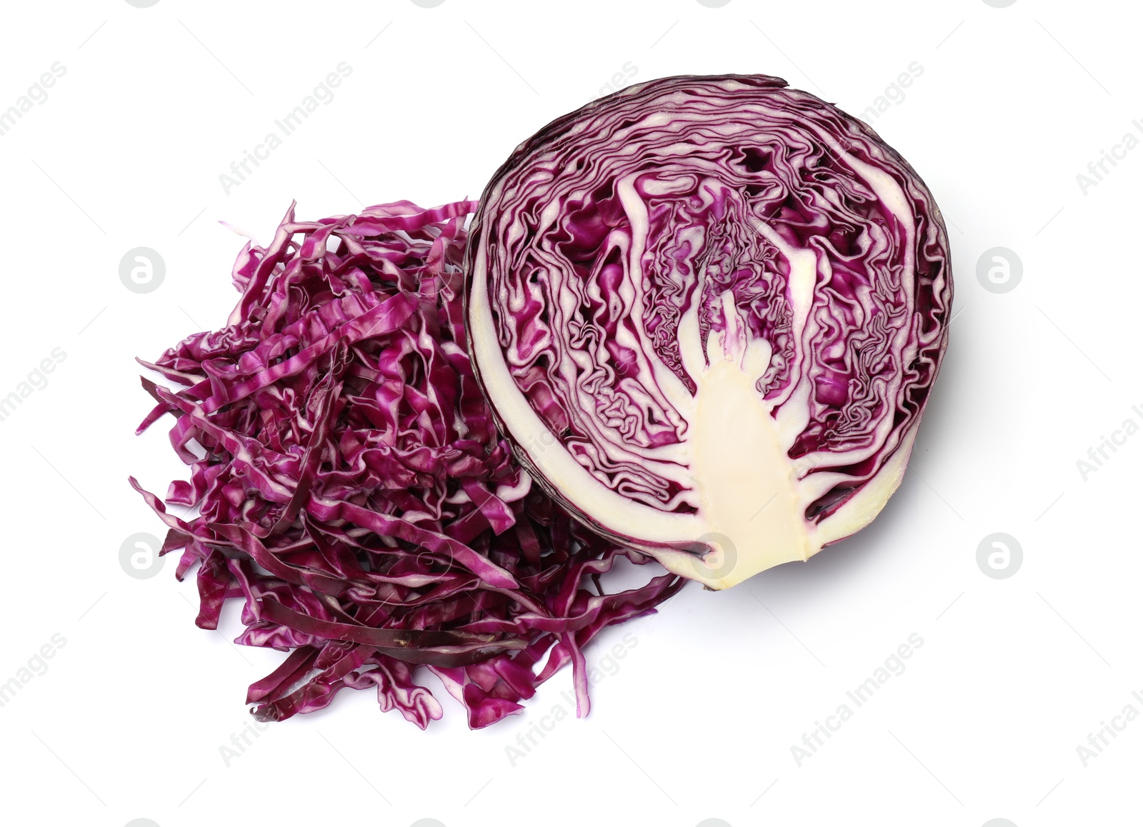 Pile of shredded red cabbage and half of fresh one isolated on white, top view Photo of Pile of shredded red cabbage and half of fresh one isolated on white, top view