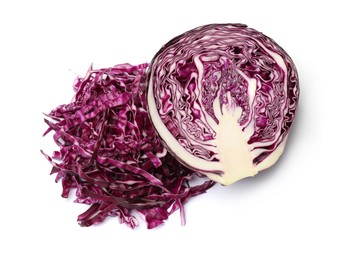 Photo of Pile of shredded red cabbage and half of fresh one isolated on white, top view