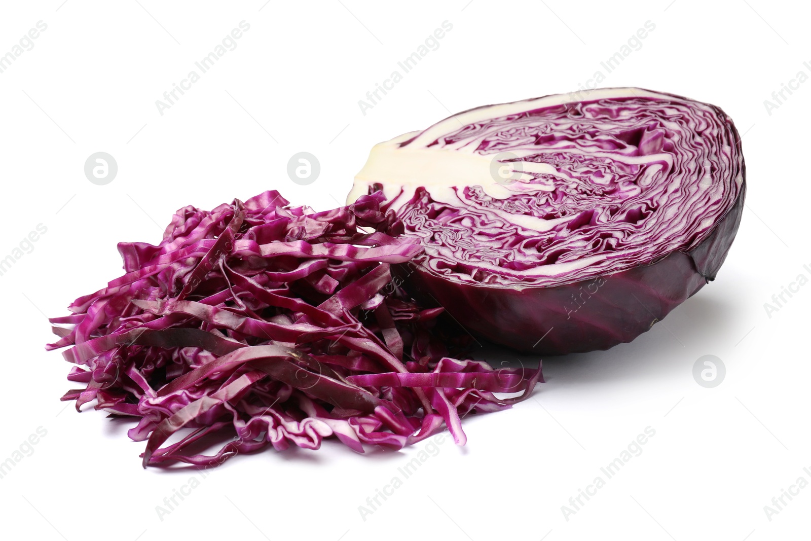Pile of shredded red cabbage and half of fresh one isolated on white Photo of Pile of shredded red cabbage and half of fresh one isolated on white