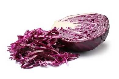 Photo of Pile of shredded red cabbage and half of fresh one isolated on white