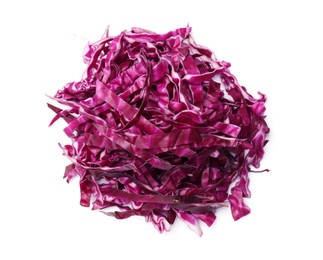 Photo of Pile of shredded red cabbage isolated on white, top view