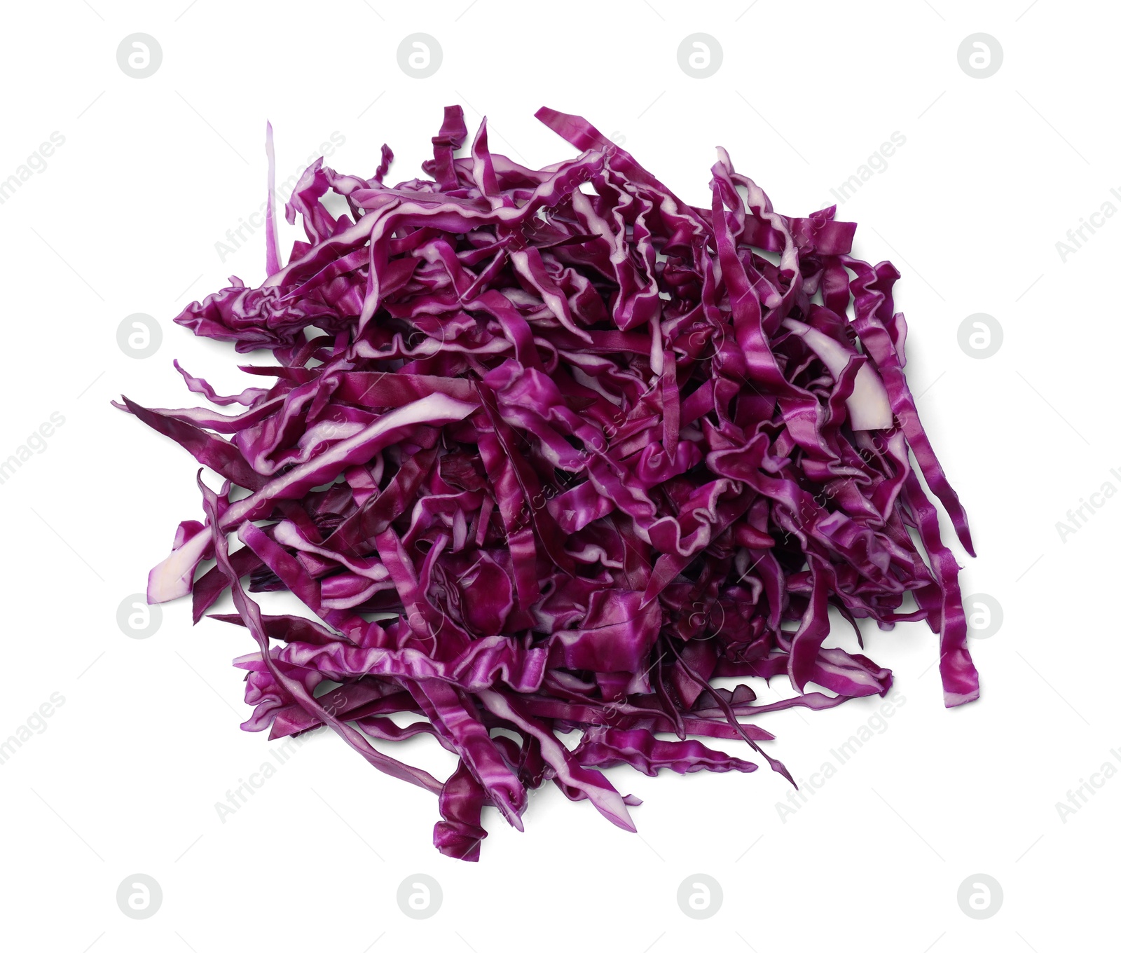 Pile of shredded red cabbage isolated on white, above view Photo of Pile of shredded red cabbage isolated on white, above view