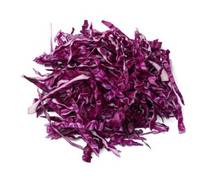 Photo of Pile of shredded red cabbage isolated on white, above view