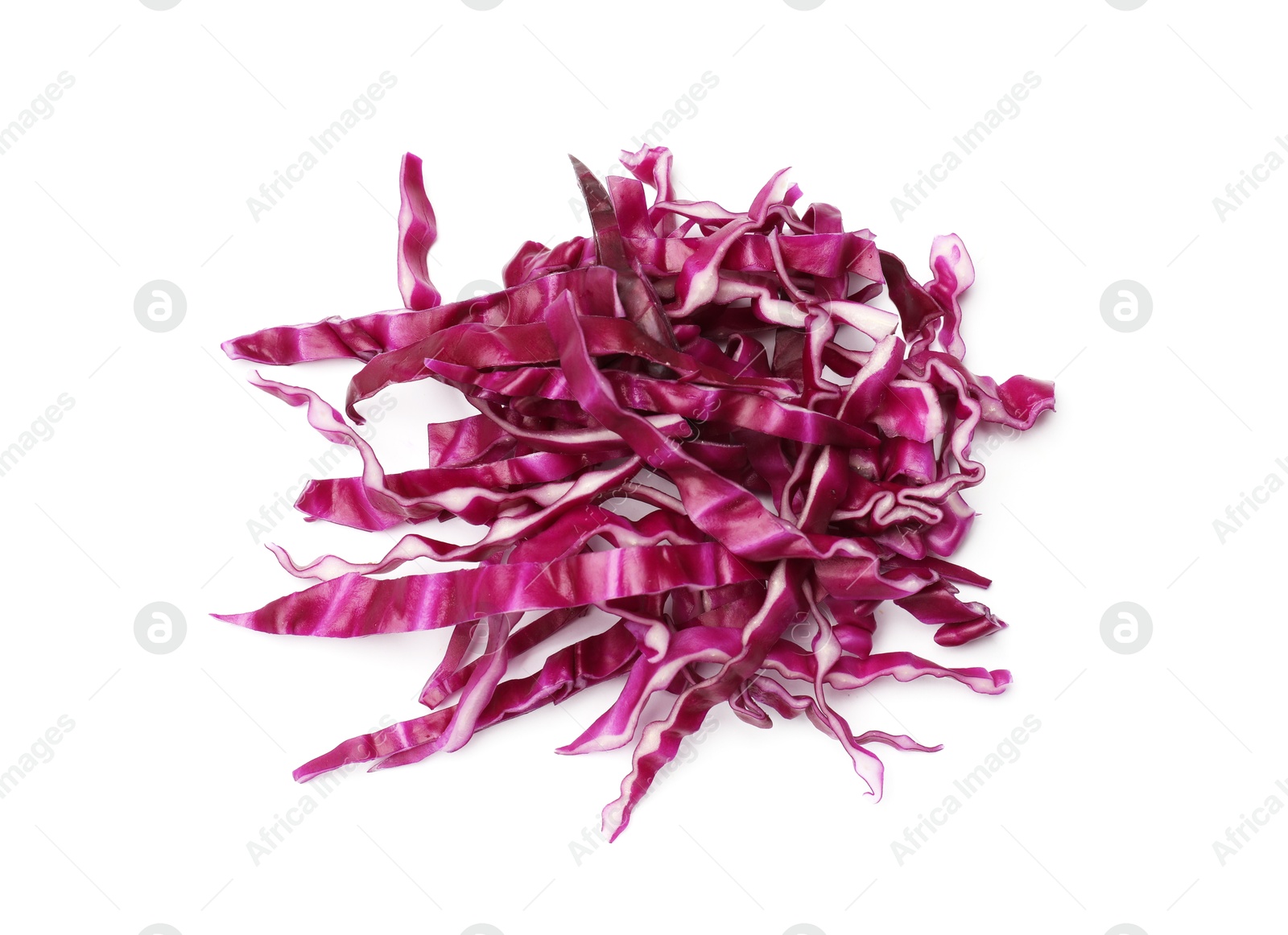 Pile of shredded red cabbage isolated on white, top view Photo of Pile of shredded red cabbage isolated on white, top view