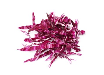 Photo of Pile of shredded red cabbage isolated on white, top view