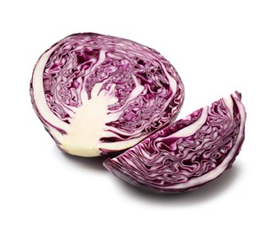 Photo of Pieces of fresh red cabbage isolated on white
