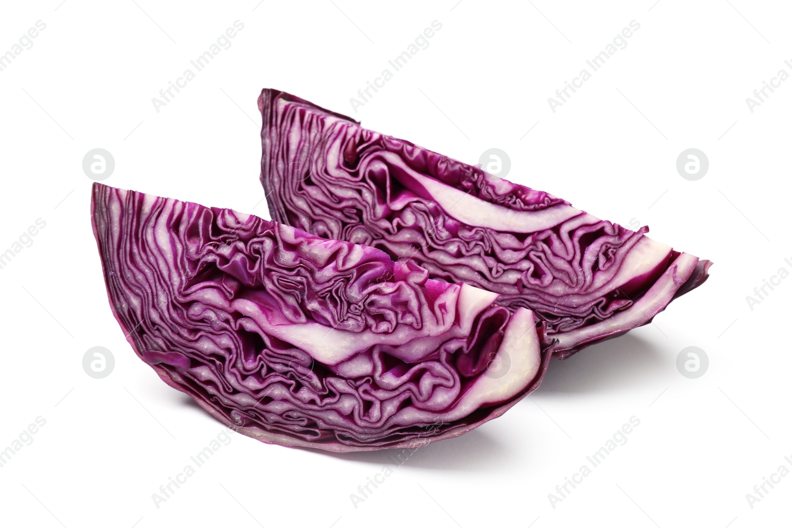 Pieces of fresh red cabbage isolated on white Photo of Pieces of fresh red cabbage isolated on white