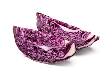 Photo of Pieces of fresh red cabbage isolated on white