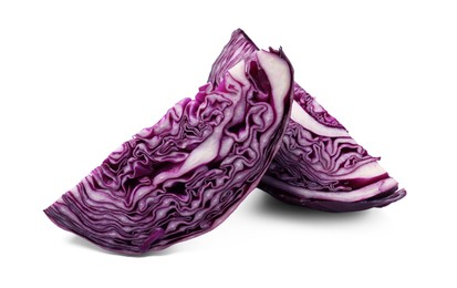 Photo of Pieces of fresh red cabbage isolated on white