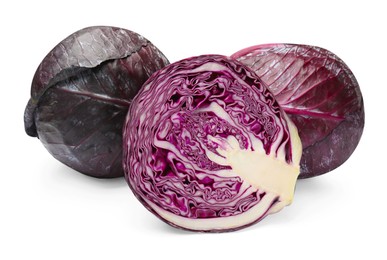 Photo of Whole and cut red cabbages isolated on white